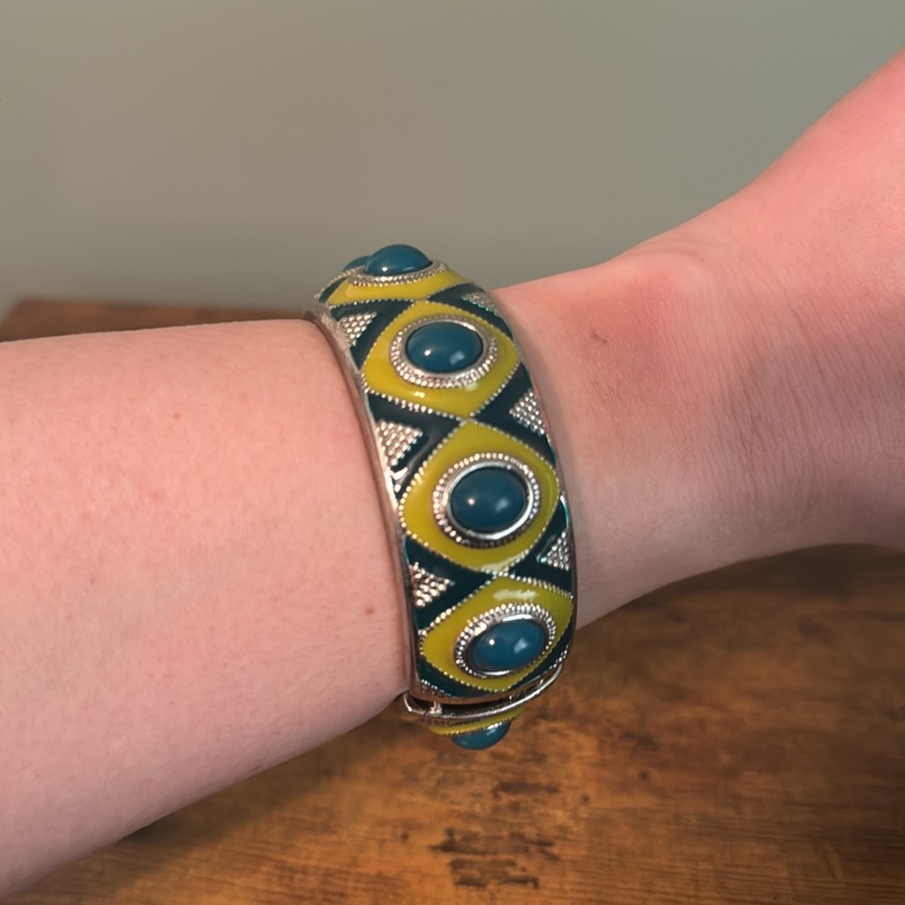 Vintage Silver Hinged Bangle Bracelet, Teal, Mustard Yellow Enamel, Retro, Boho